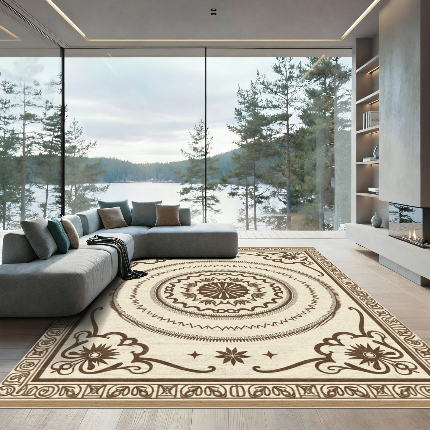 Brown Geometric Floral Mandala Rug