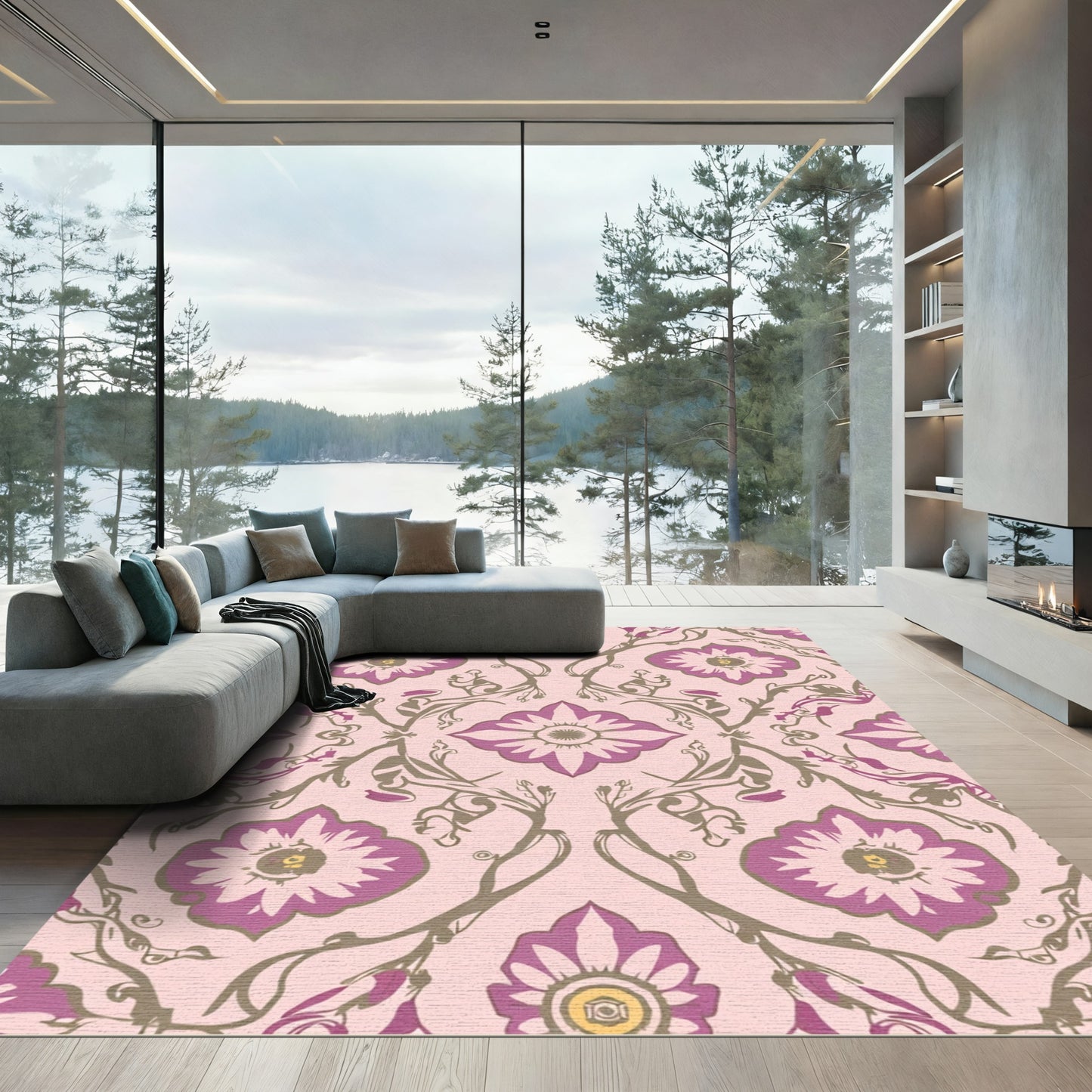 Pink Purple Floral Vine Medallion Rug
