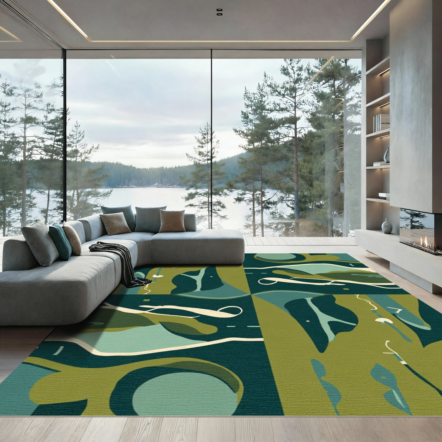 Abstract Teal Olive Organic Flow Rug