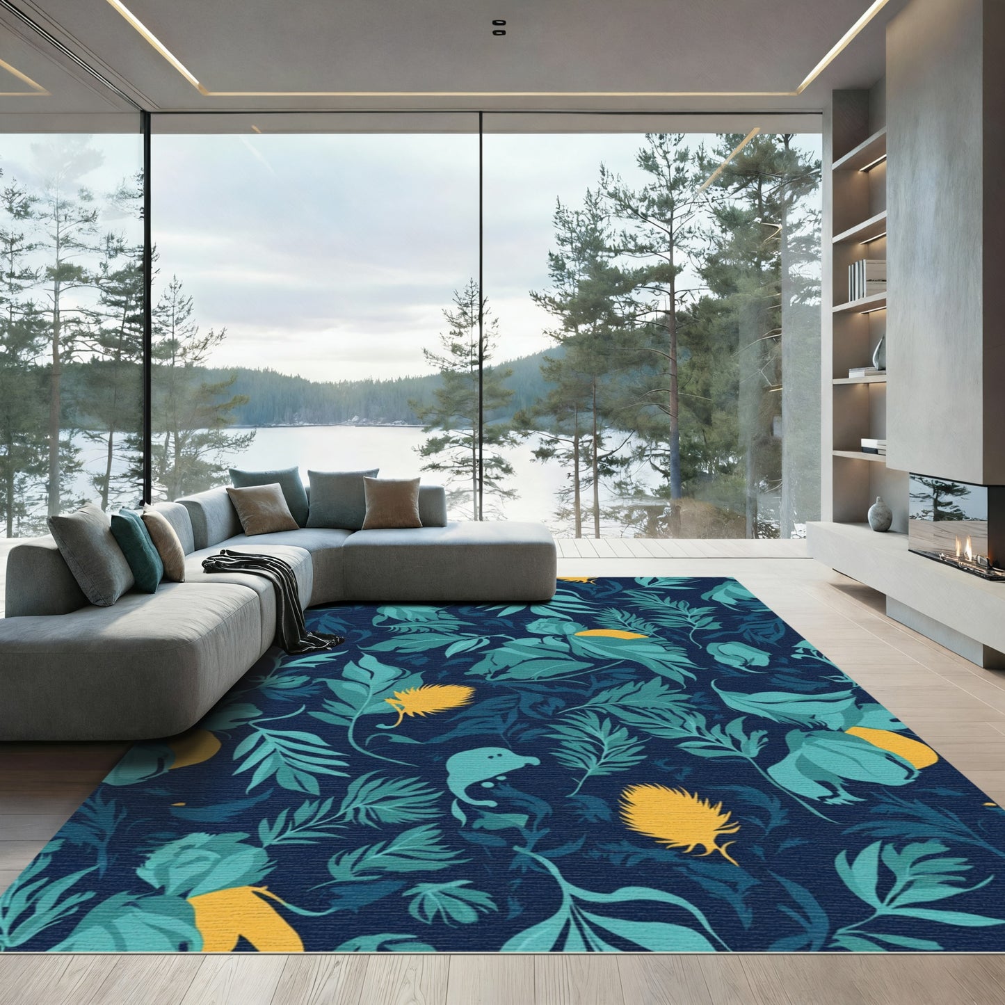 Deep Blue Teal Yellow Botanical Arrangement Rug