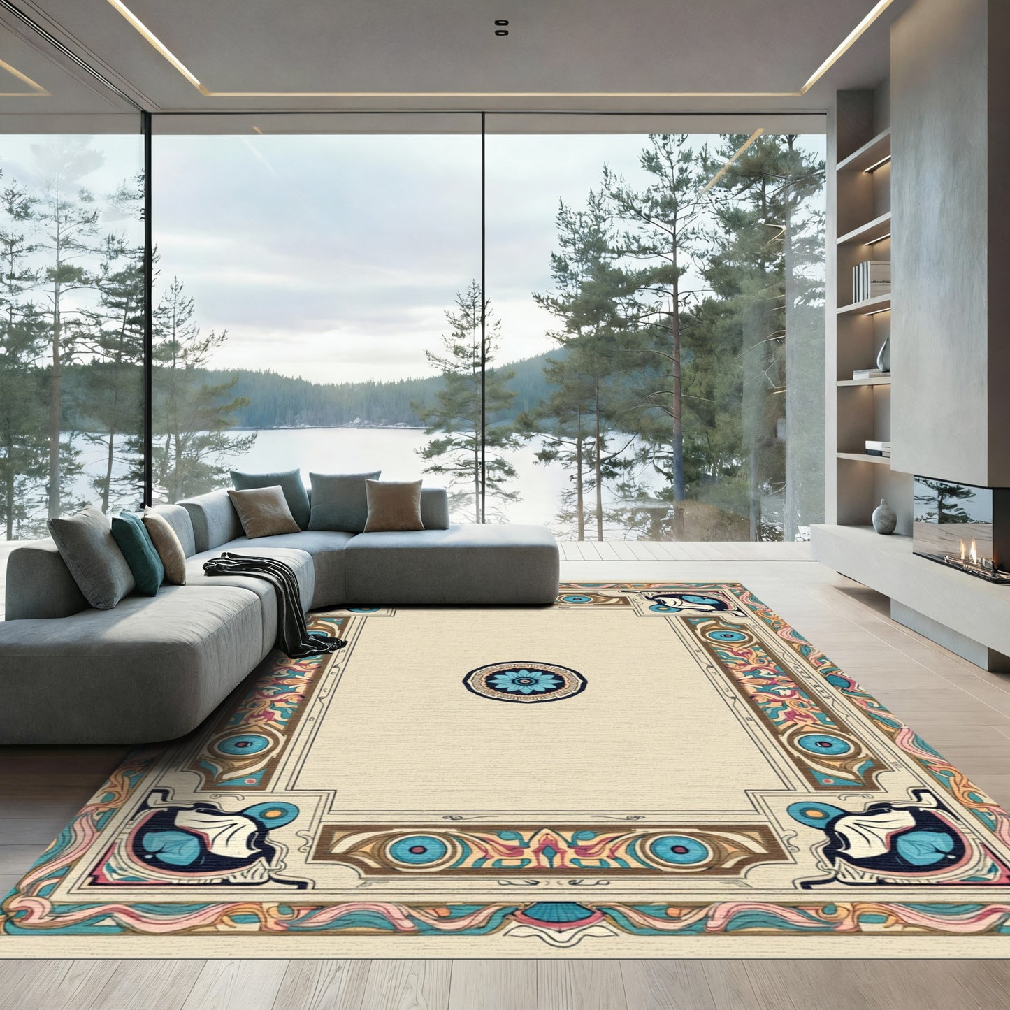 Art Nouveau Blue Floral Frame Rug