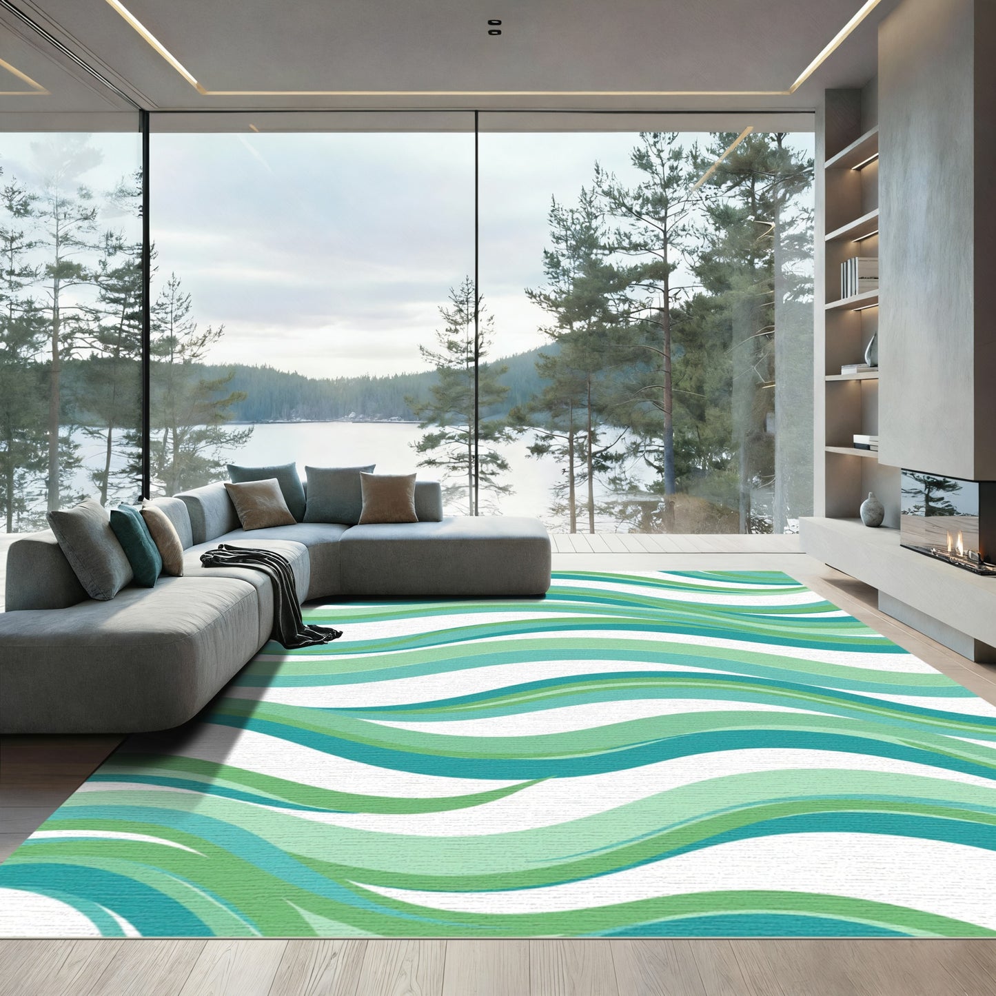 Teal Green Wavy Stripe Landscape Rug