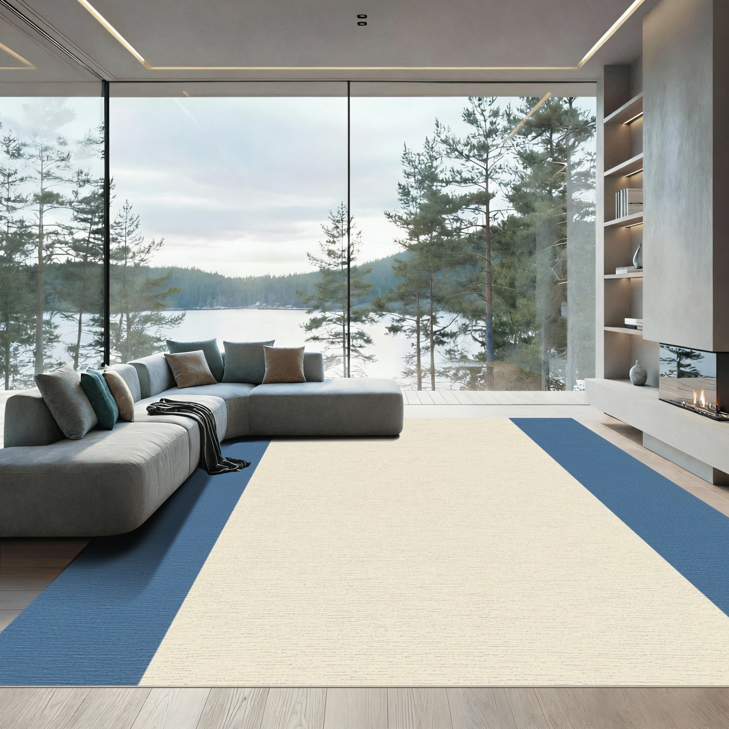 Cream And Slate Blue Stripes Rug