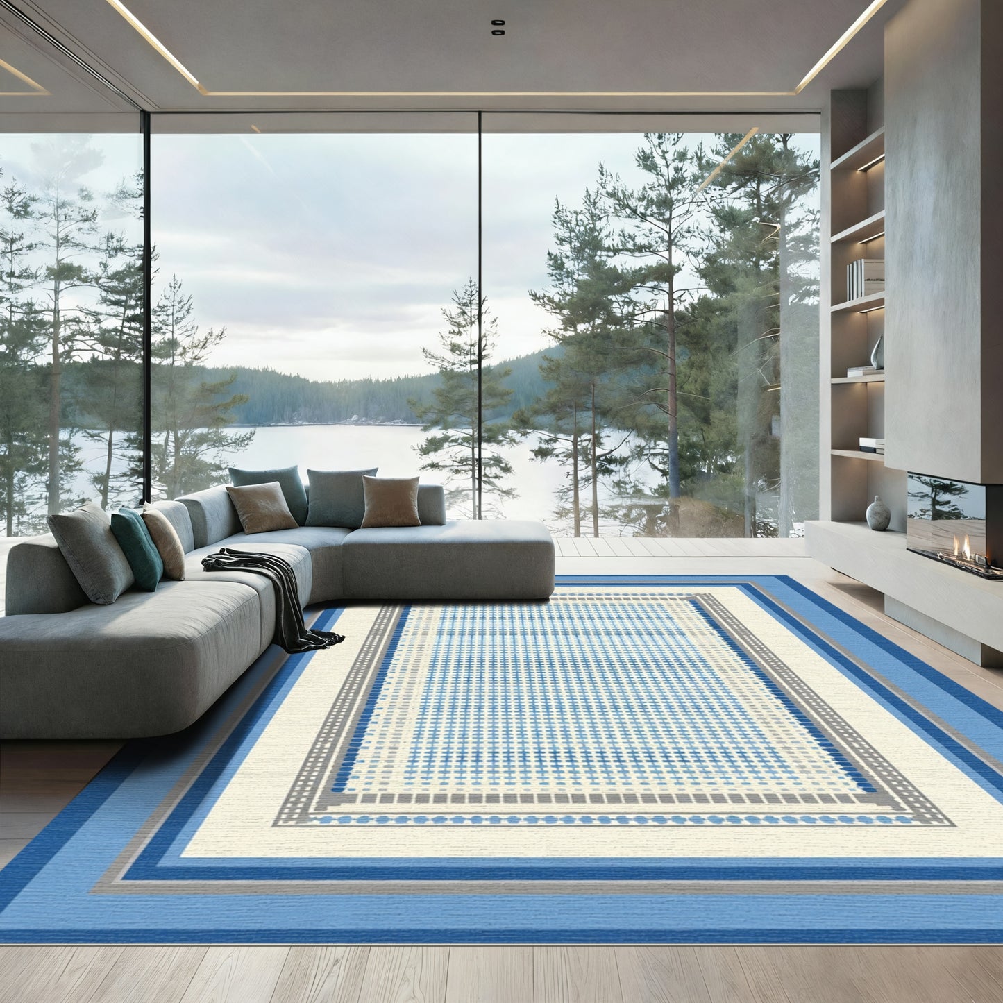 Blue Gray Geometric Grid Layers Rug