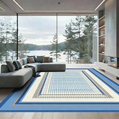 Blue Gray Geometric Grid Layers Rug