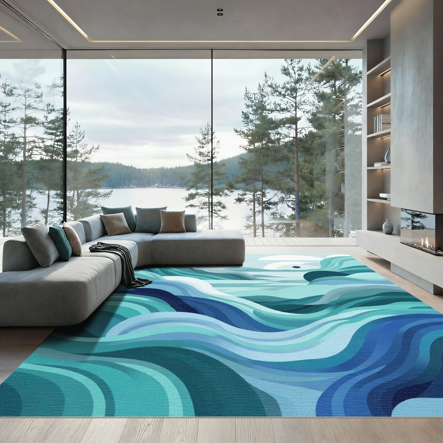Calm Teal Wave Landscape Art Rug