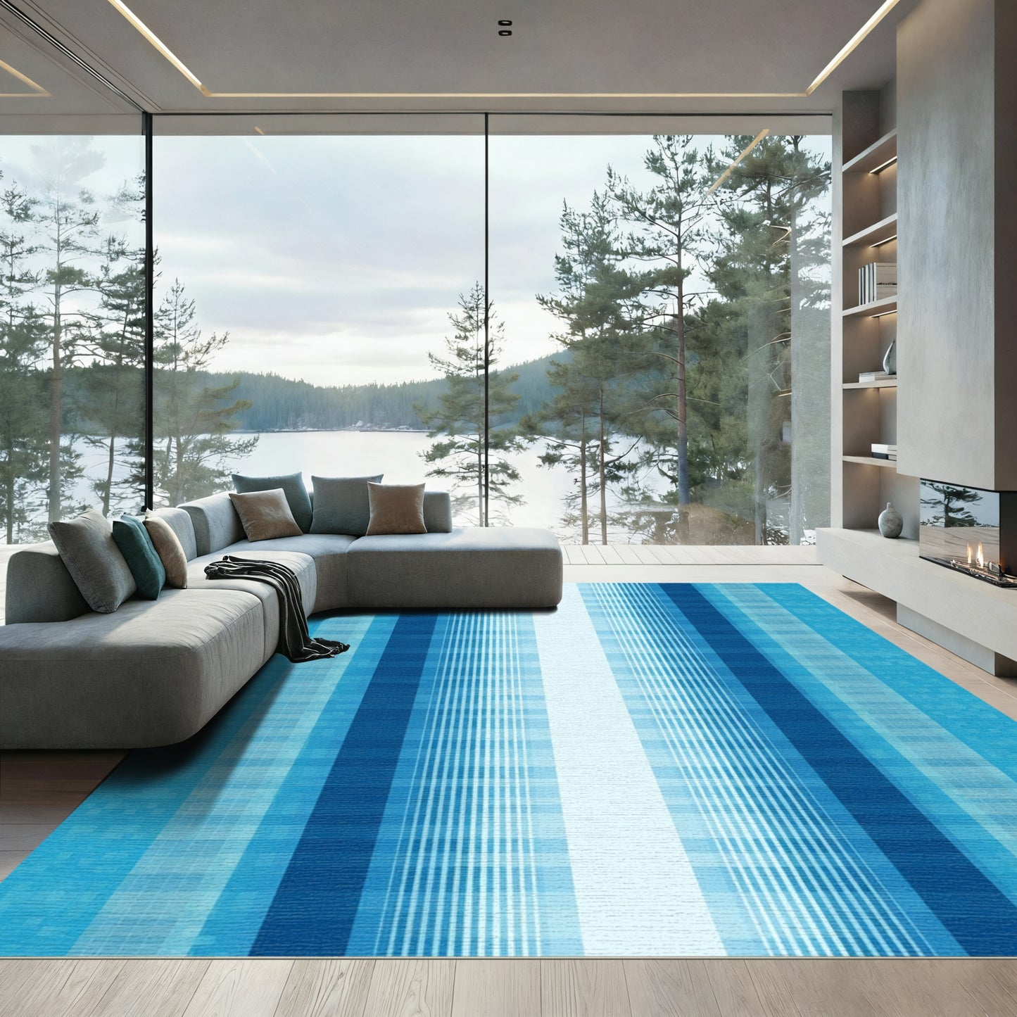 Cool Blue Vertical Gradient Stripes Rug