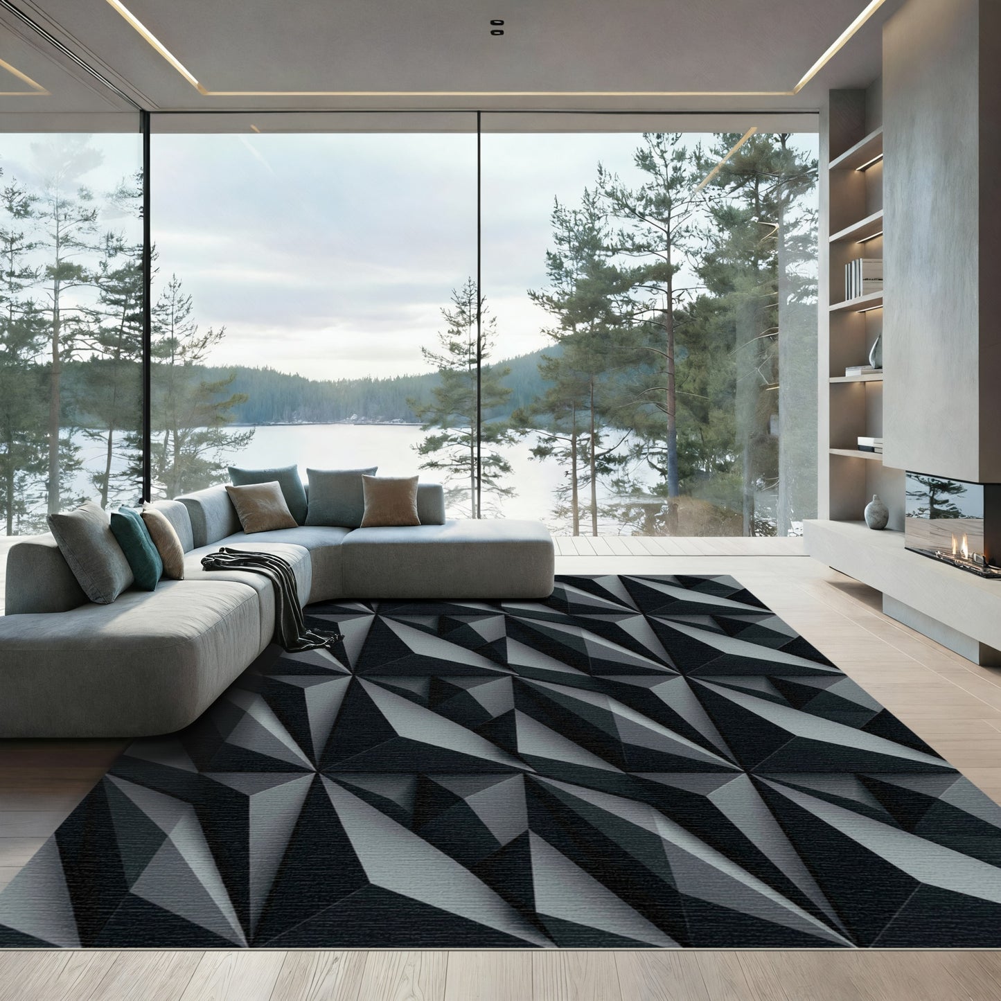 Charcoal Gray Geometric Facet Rug