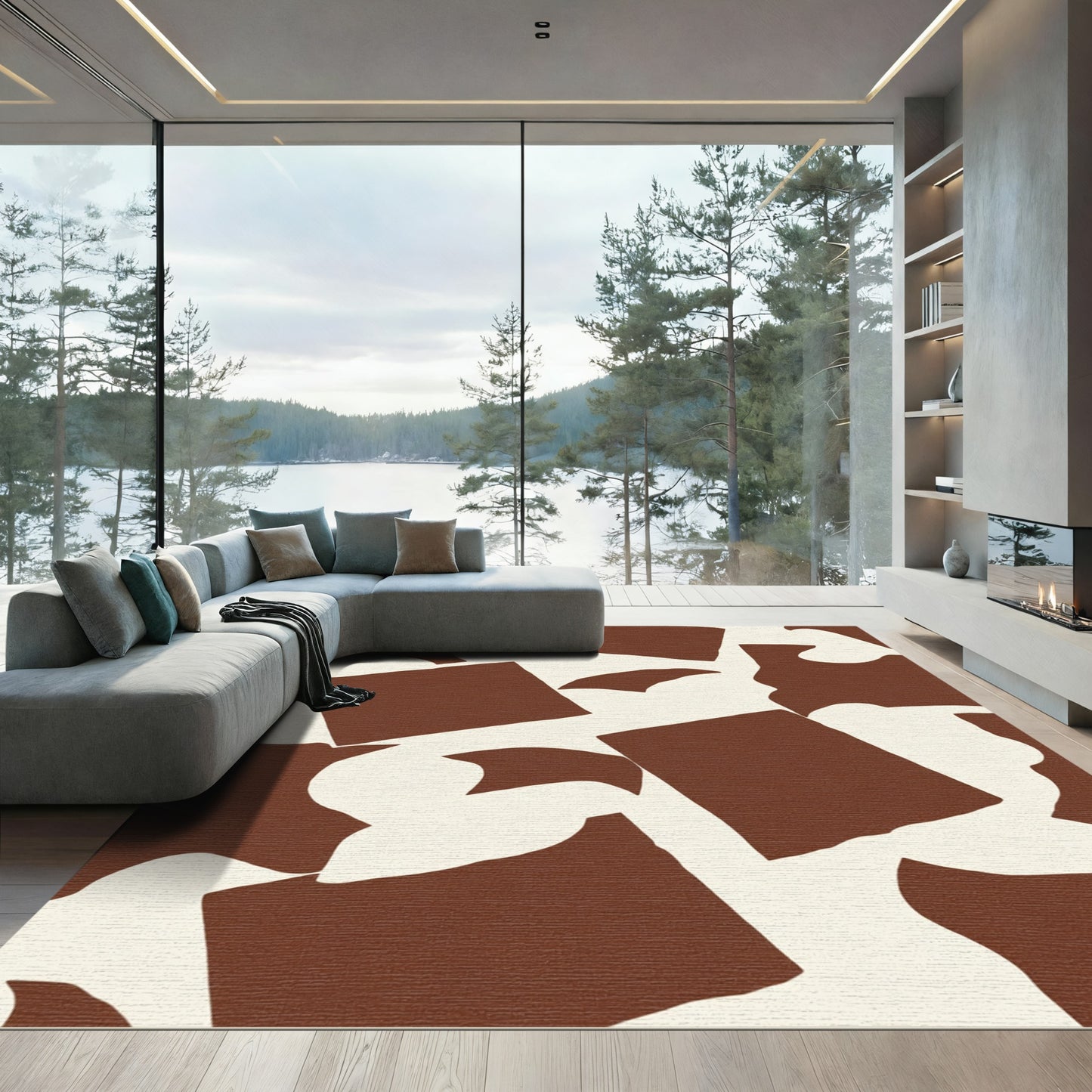 Brown Organic Shapes Cream Composition Rug
