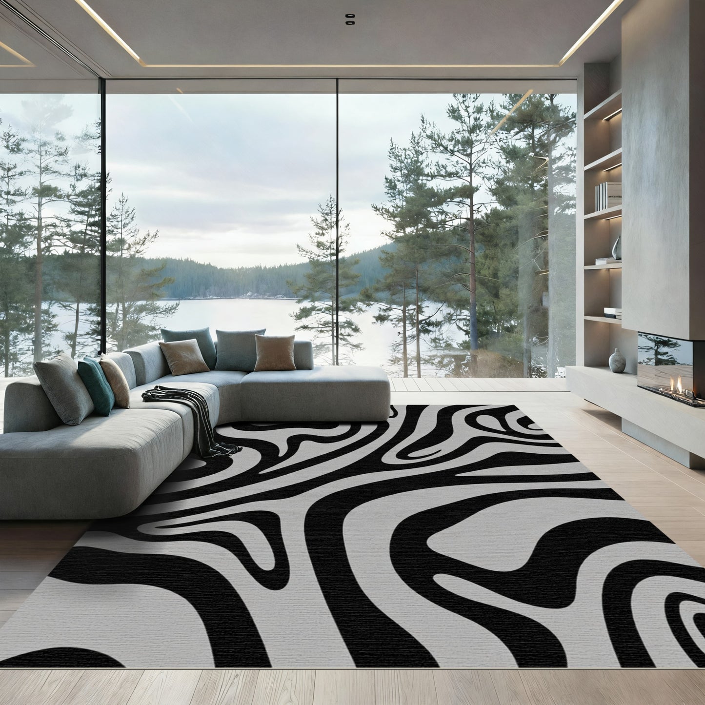 Black Gray Abstract Swirl Rug