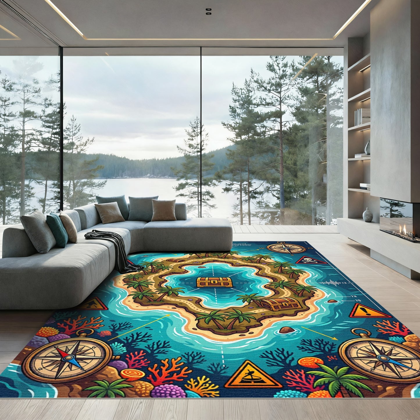 Treasure Island Map Tropical Compass Design Rug
