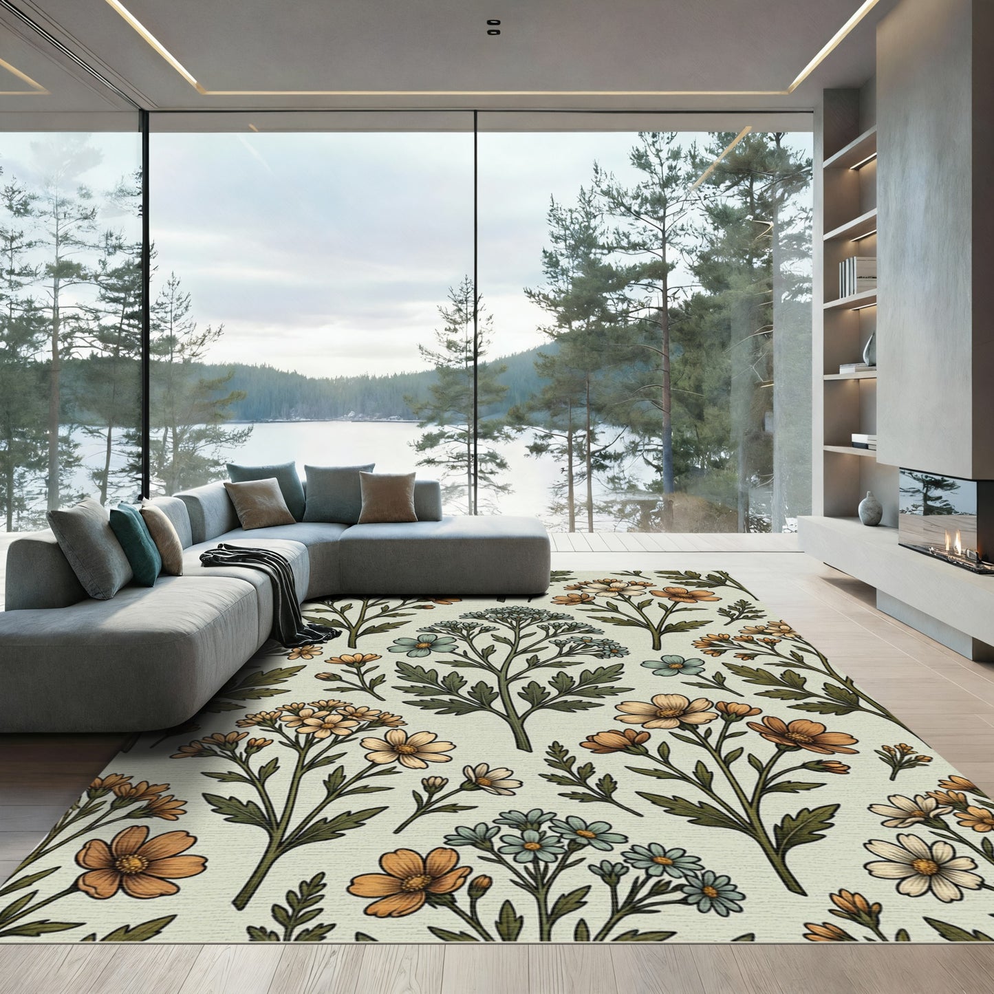 Sage Green Floral Meadow Botanic Illustration Rug