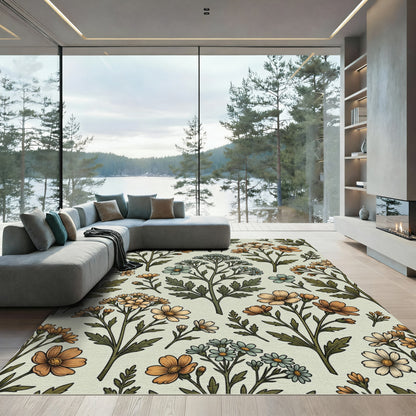 Sage Green Floral Meadow Botanic Illustration Rug