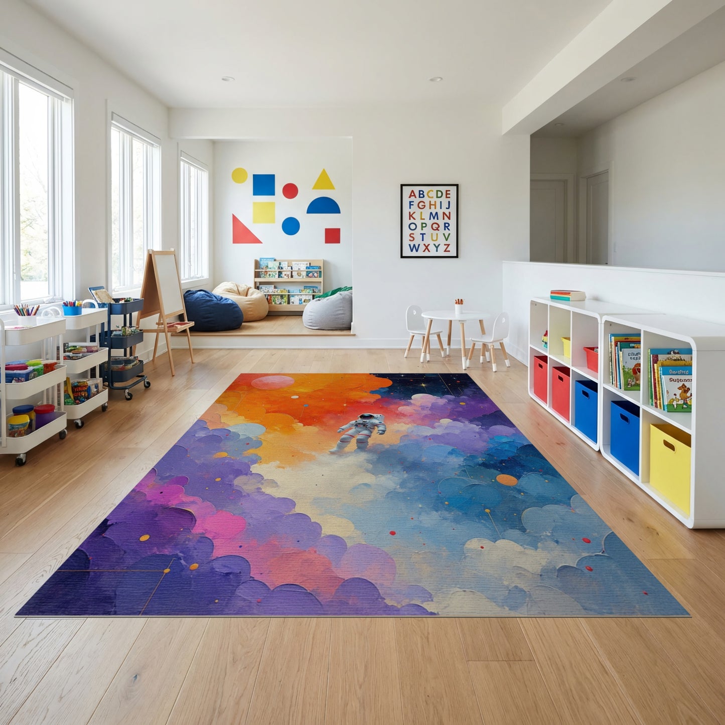 Vibrant Astronaut Cosmic Nebula Clouds Rug