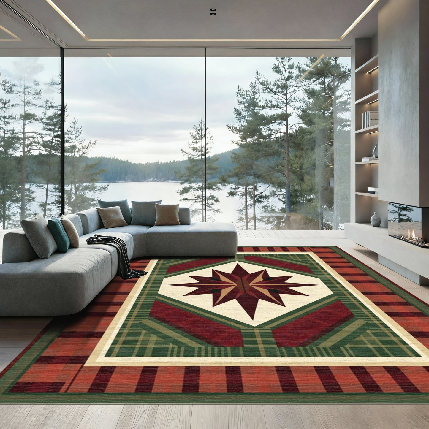 Crimson Forest Plaid Star Rug