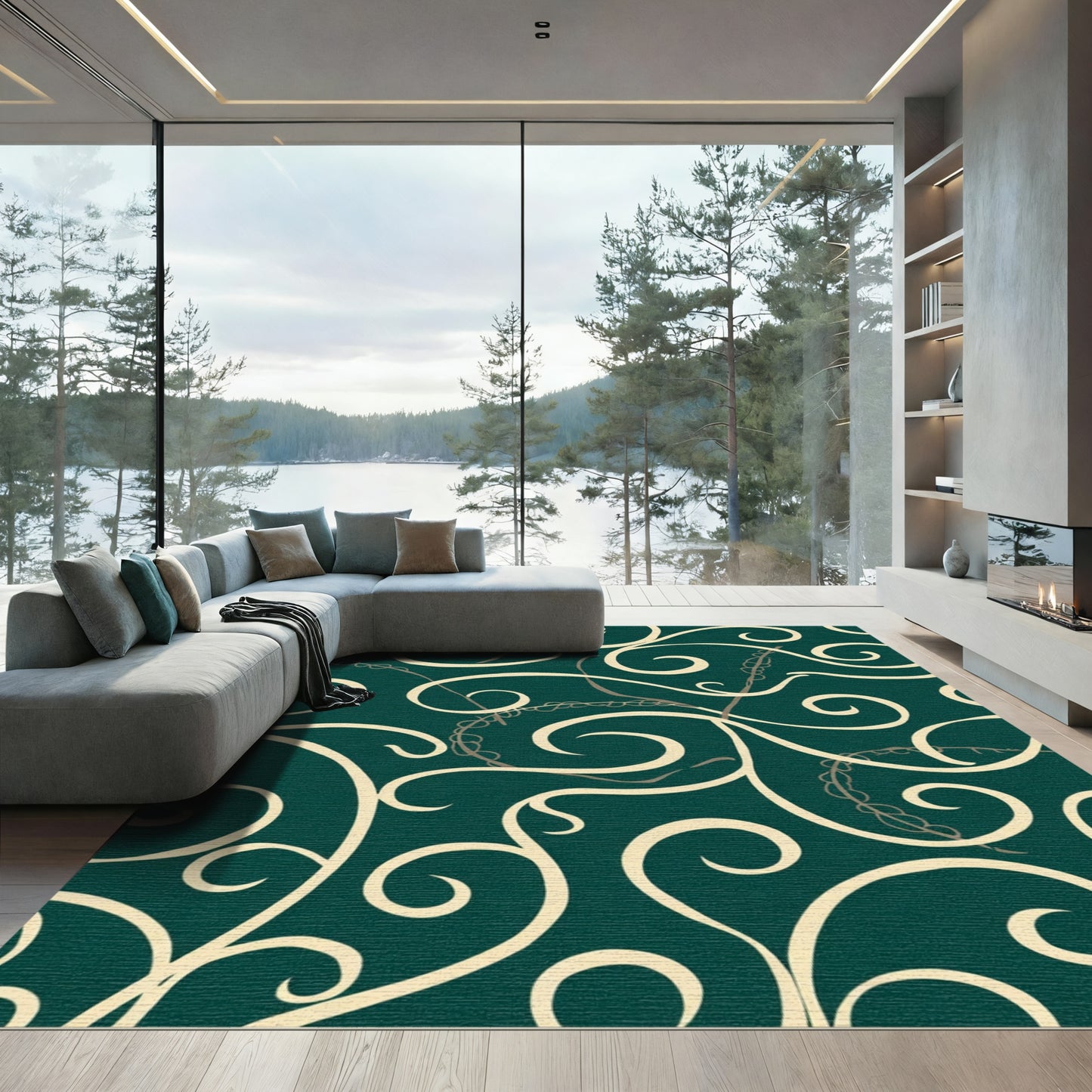 Cream Swirls on Emerald Green Background Rug