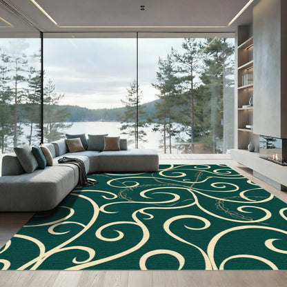 Cream Swirls on Emerald Green Background Rug