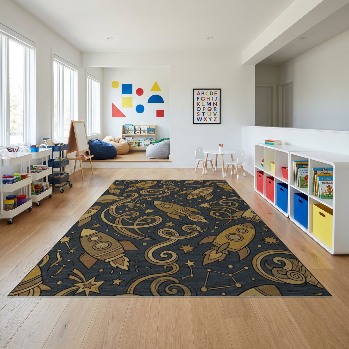 Cosmic Golden Rockets Swirling Stars Rug