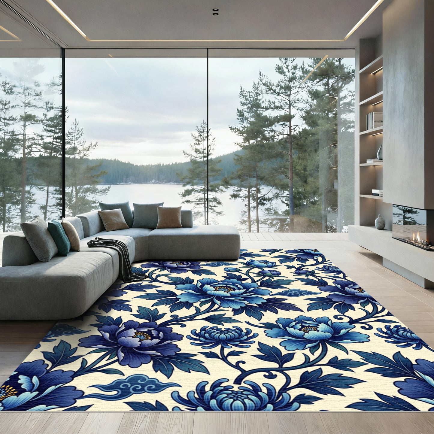 Deep Blue Peony Floral Chinoiserie Rug