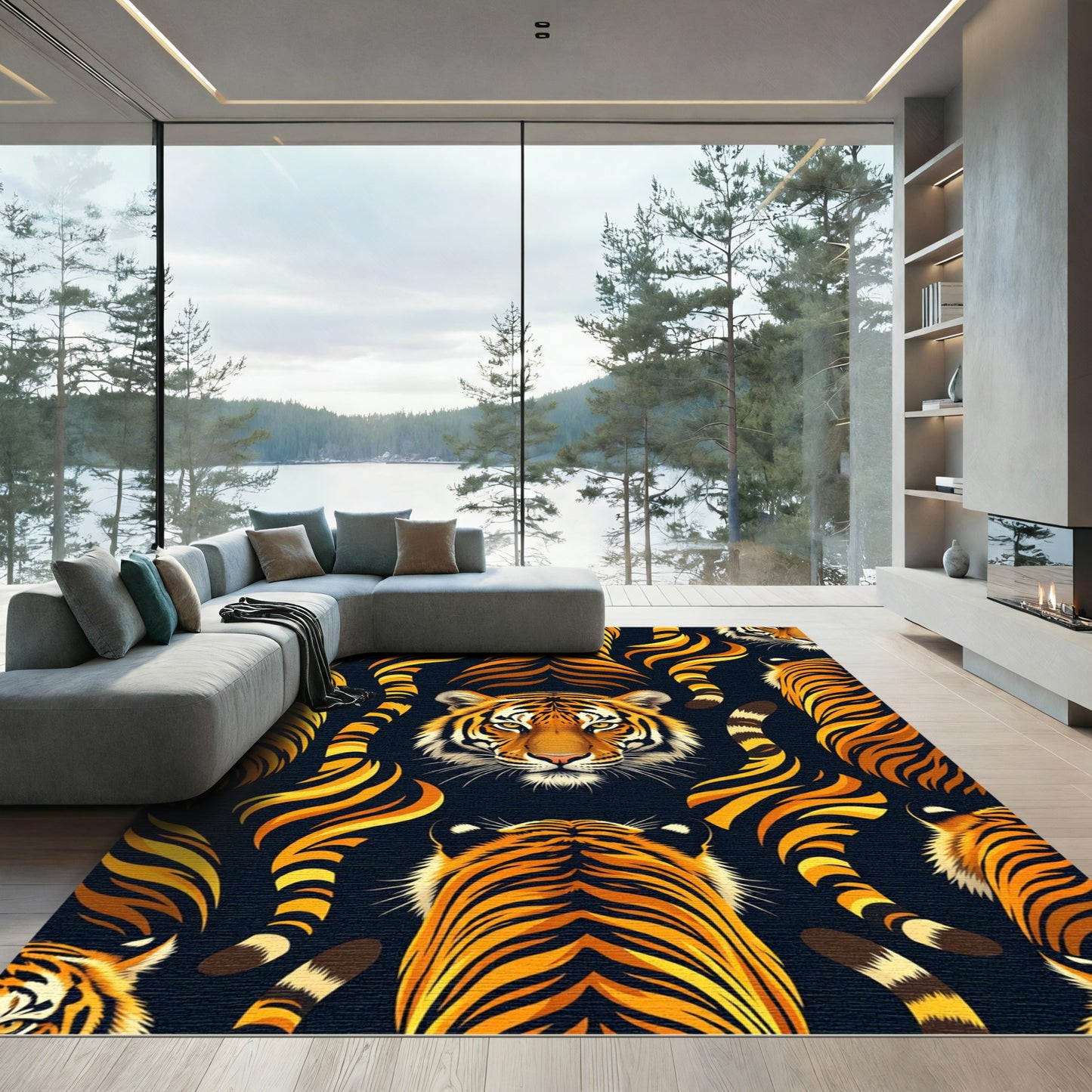 Bold Tiger Face and Tail Composition Rug
