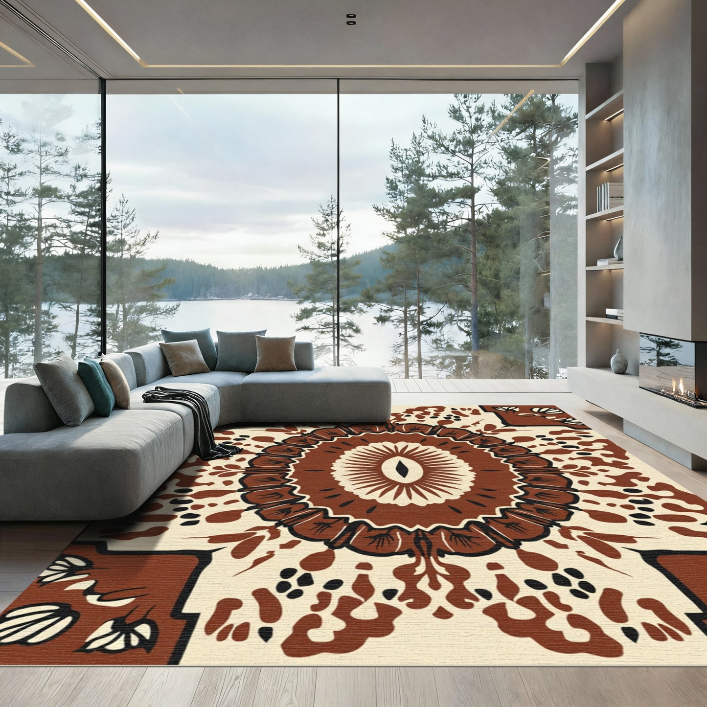 Rustic Brown Floral Medallion Rug