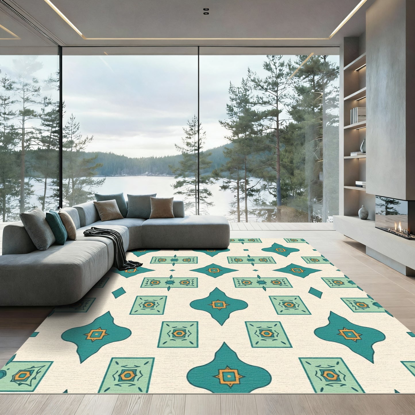 Teal Orange Geometric Quatrefoil Medallion Rug