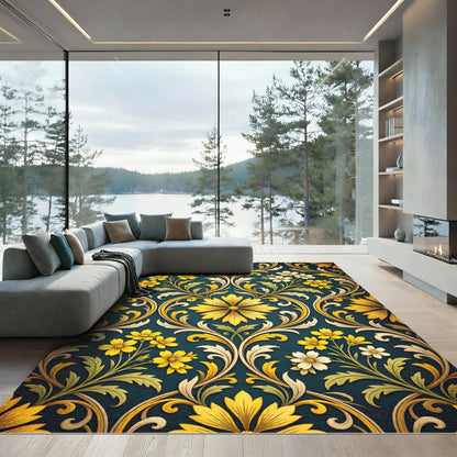 Golden Floral Damask Teal Botanical Art Rug