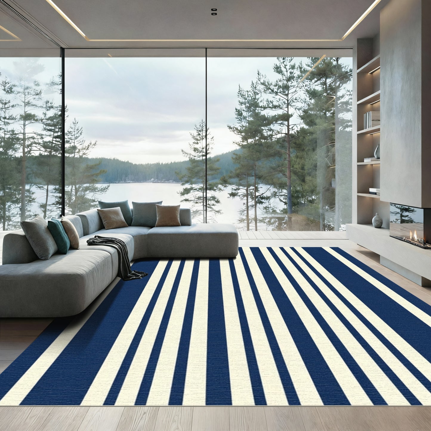 Navy Cream Vertical Stripe Arrangement Rug