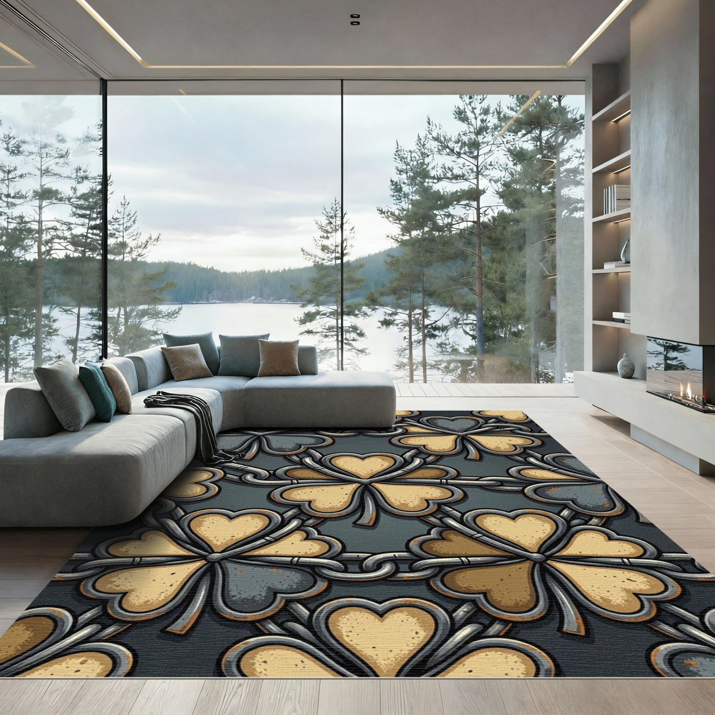 Industrial Metallic Clover Chain Link Art Rug
