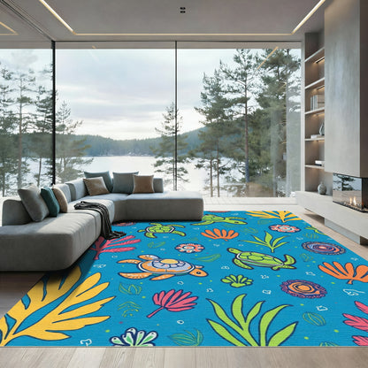Whimsical Sea Turtle Coral Reef Scene Rug