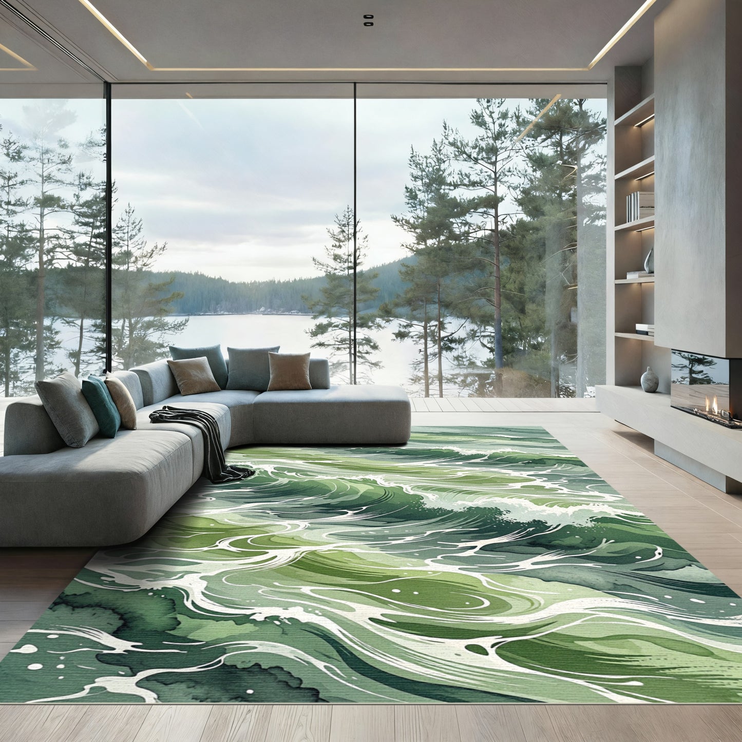 Abstract Emerald Sea Wave Art Rug