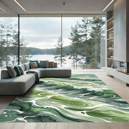 Abstract Emerald Sea Wave Art Rug