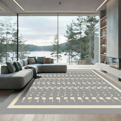 Cream Abstract Figures On Gray Rug