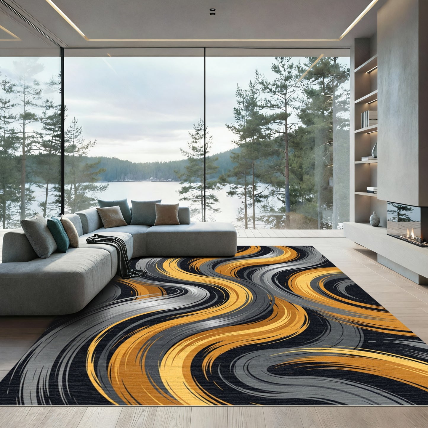 Modern Golden and Silver Wavy Ribbon Rug