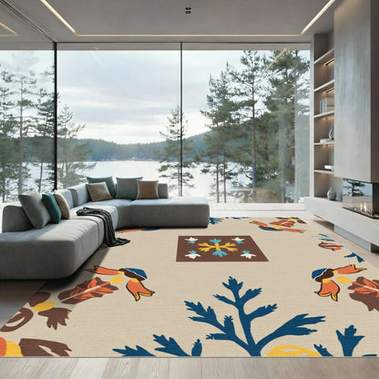 Brown Blue Orange Floral Tile Rug