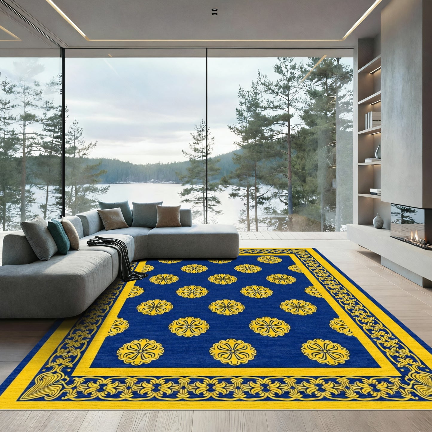 Royal Blue Yellow Floral Medallion Border Rug