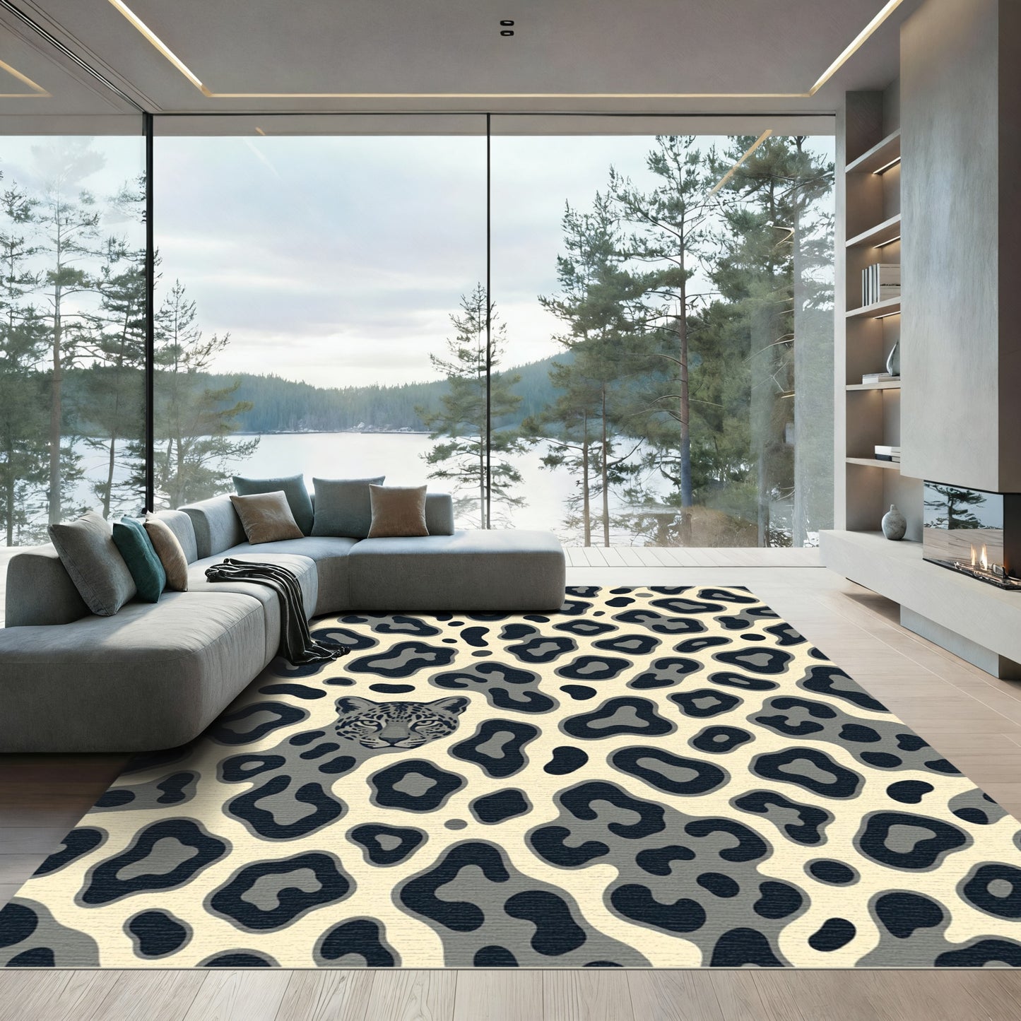 Modern Charcoal Leopard Animal Spot Rug