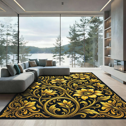 Opulent Golden Floral Scroll Tapestry Rug