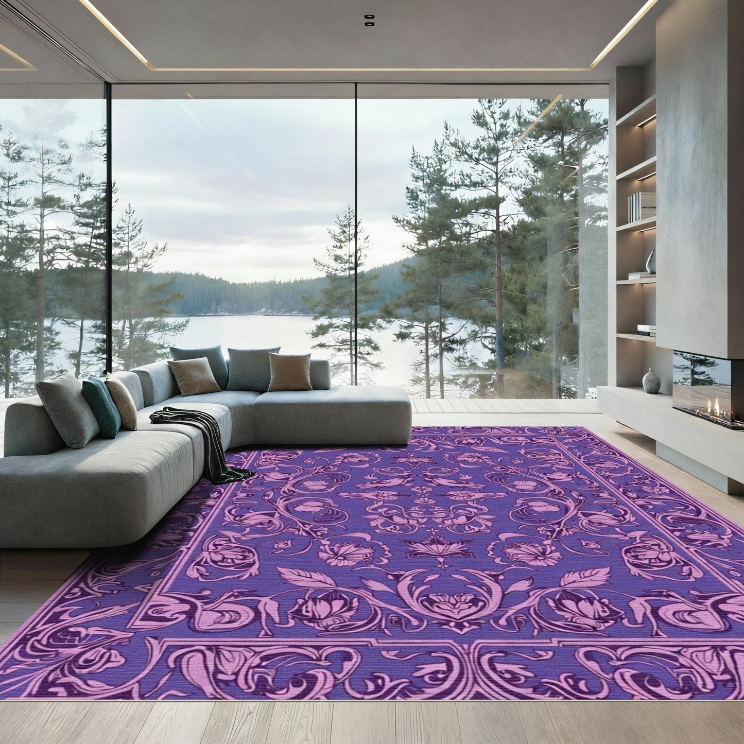 Regal Purple Floral Bird Scroll Rug