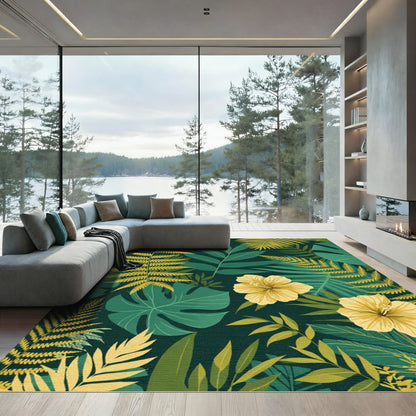 Tropical Lush Green Fern Hibiscus Rug