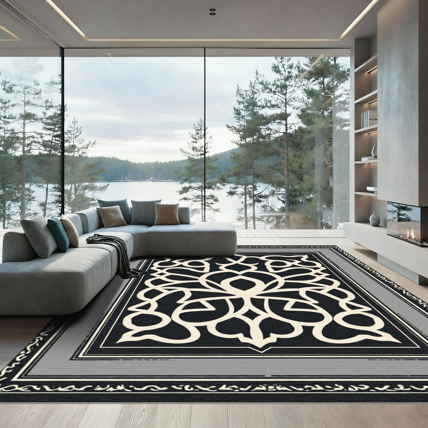 Monochromatic Black Cream Floral Lattice Rug