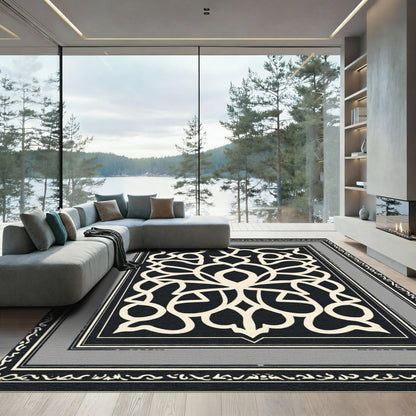 Monochromatic Black Cream Floral Lattice Rug