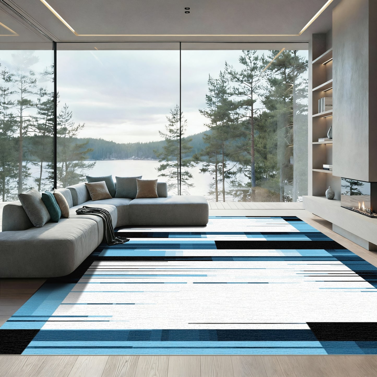 Abstract Blue Glitch Horizontal Rows Rug