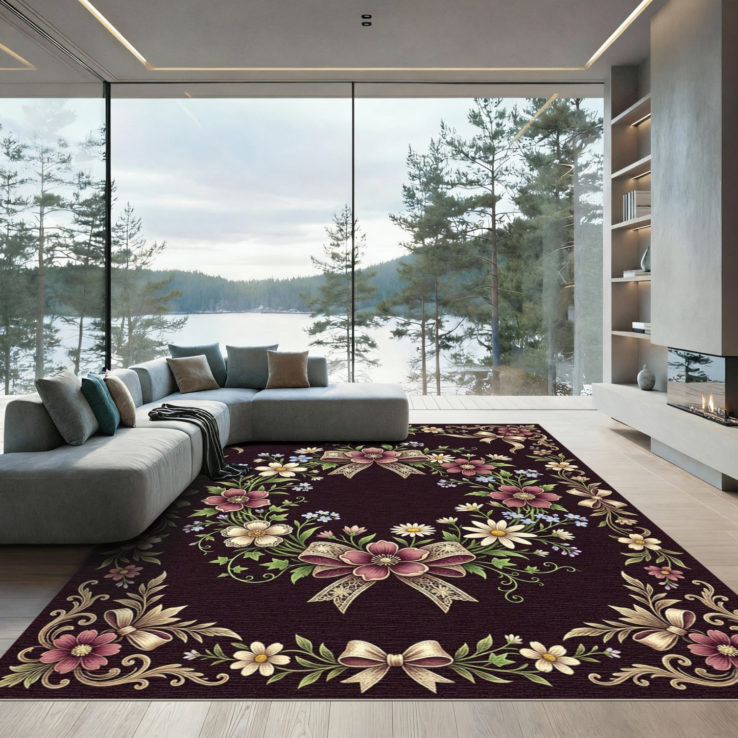Elegant Floral Wreath Ribbon Dark Border Rug