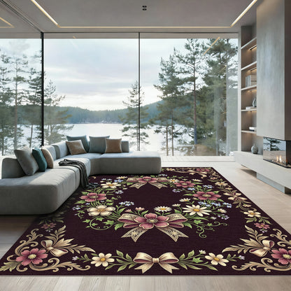 Elegant Floral Wreath Ribbon Dark Border Rug
