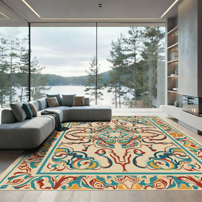 Ornate Teal Gold Red Floral Medallion Rug