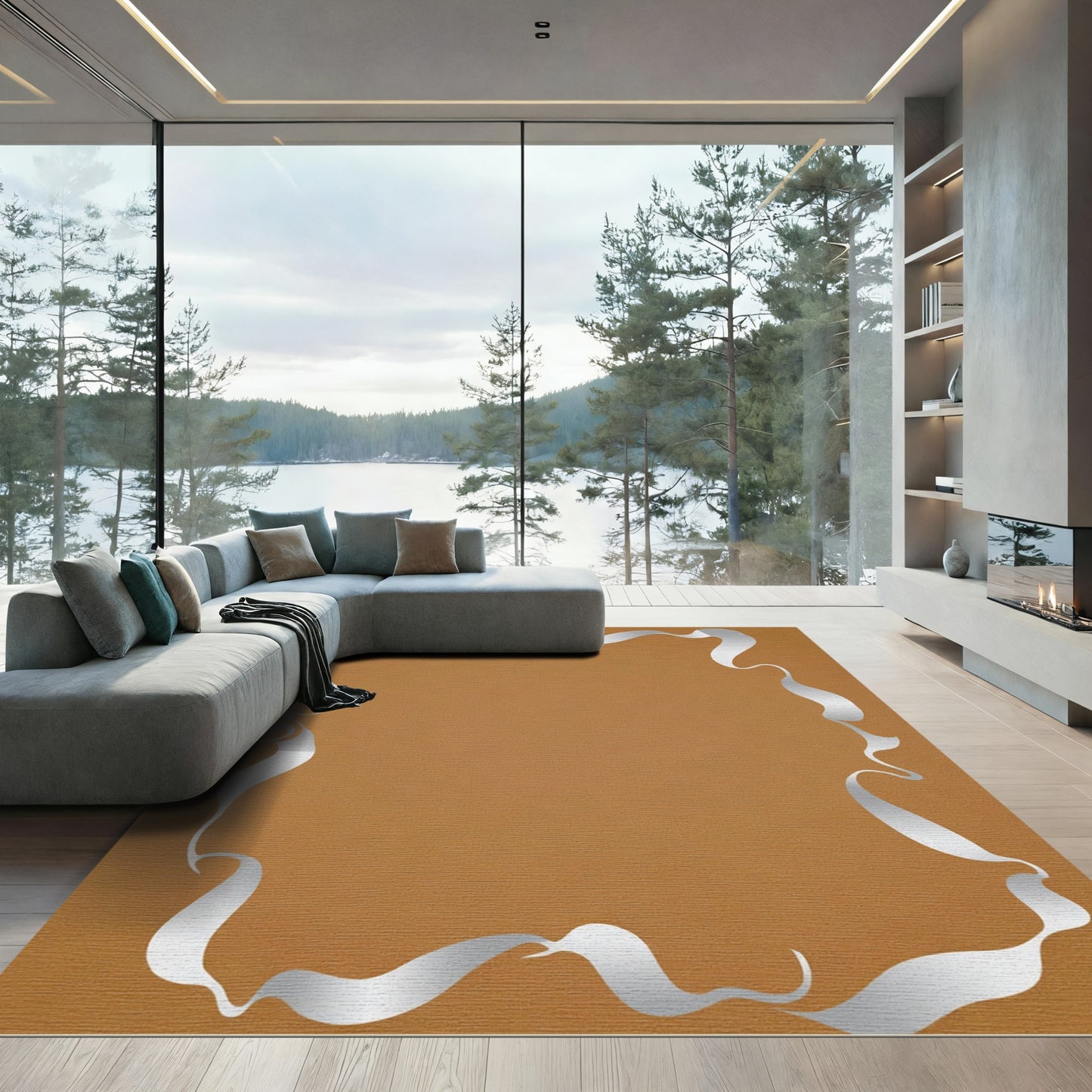 Bronze Silver Flowing Ribbon Frame Rug