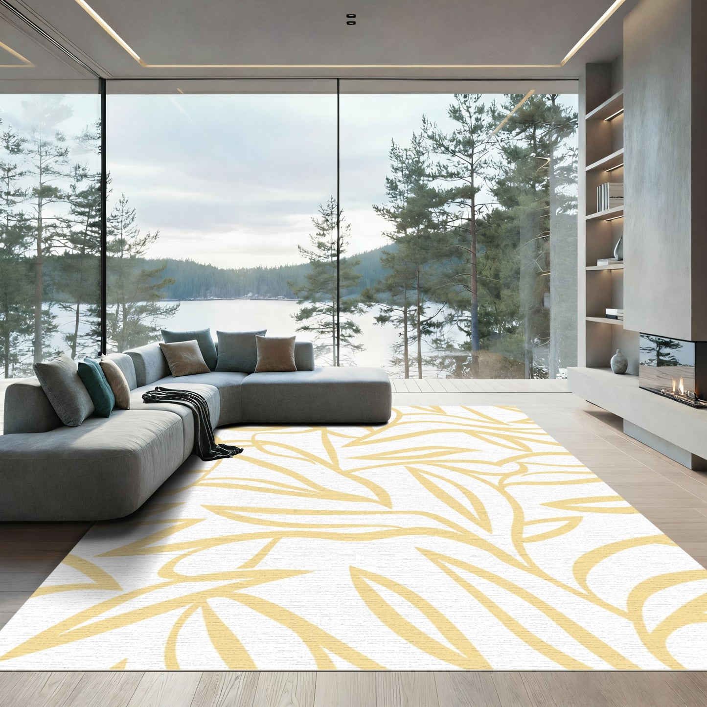 Soft Yellow Abstract Leafy Swirls Rug