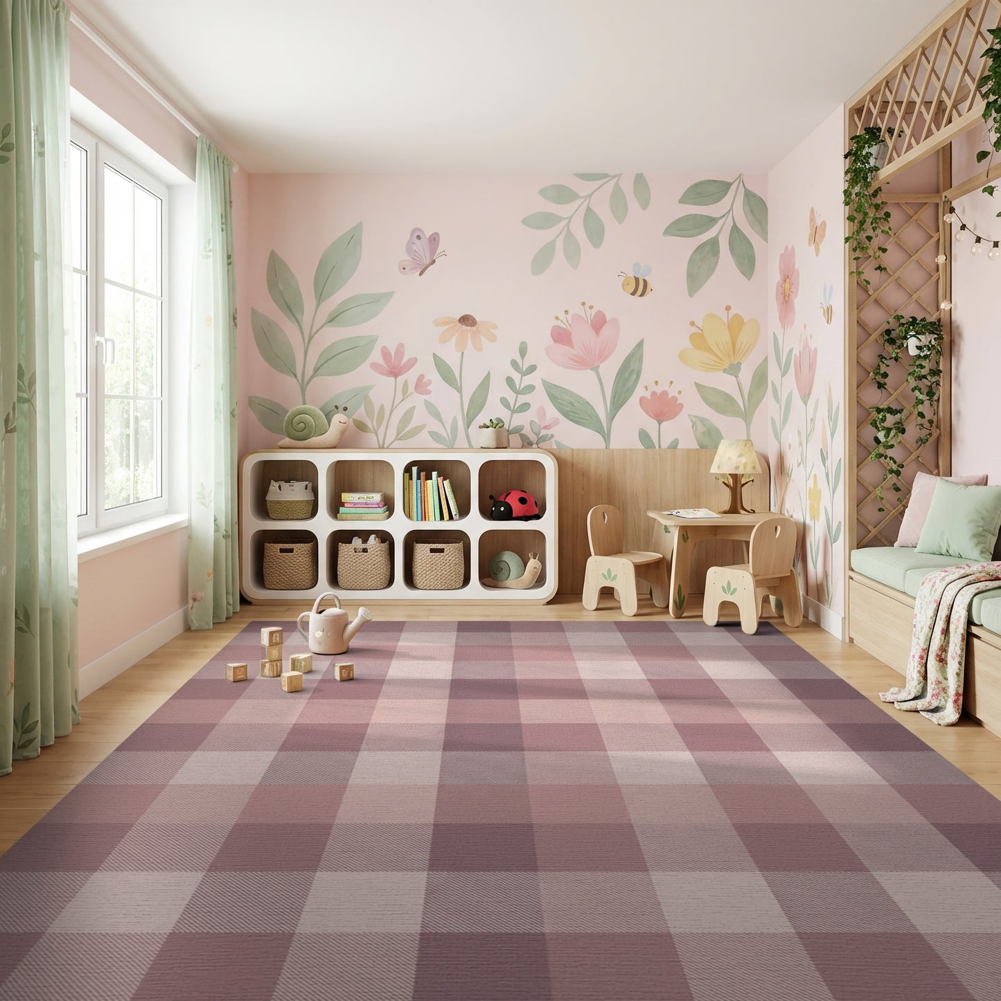 Blush Brown Gingham Checkered Rug