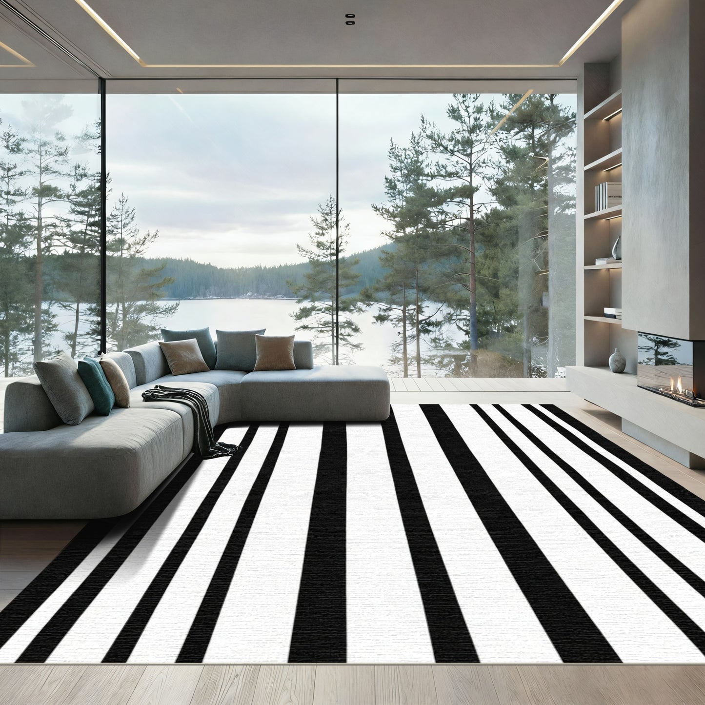 Bold Black White Varying Stripes Rug